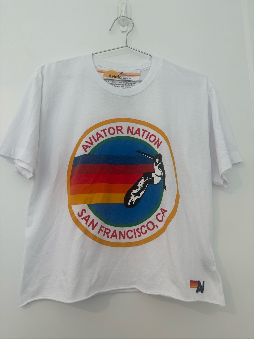 Aviator Nation White Surf Graphic Tee with Rainbow Stripes